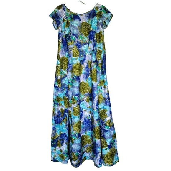 Vintage Liberty House by Kiyomi Hawaiian Maxi Dress Blue Tropical Floral. Size S