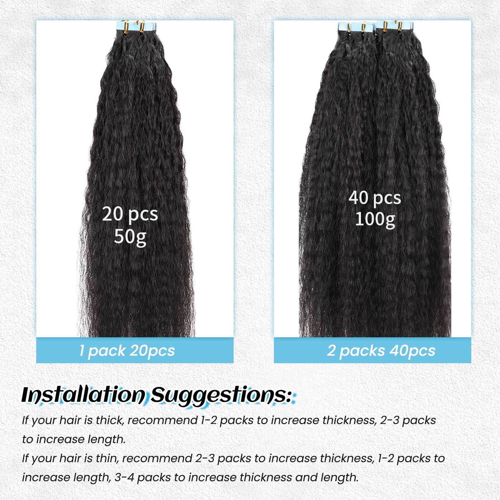 22″ Kinky Straight Tape-In Human Hair Extensions for Black Women