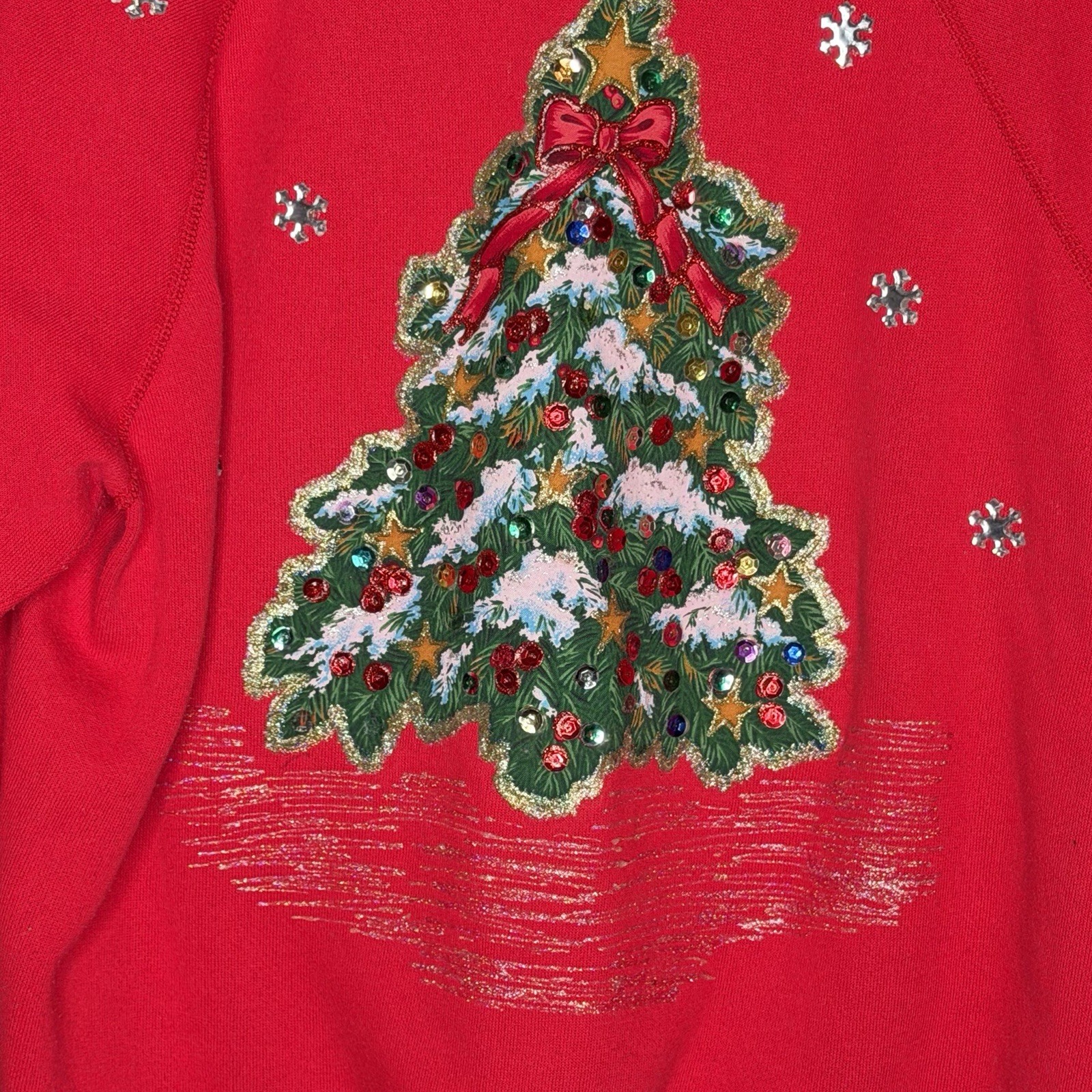VTG 90s Handmade Christmas Tree Sweatshirt Women L Hanes USA Holiday Cozy Sequin