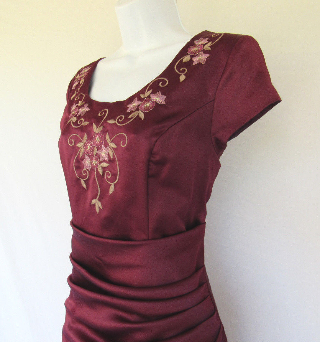 VTG 1970s 80s SAKS FIFTH AVENUE EVENING FORMAL DRESS BURGUNDY WINE EMBROIDERY