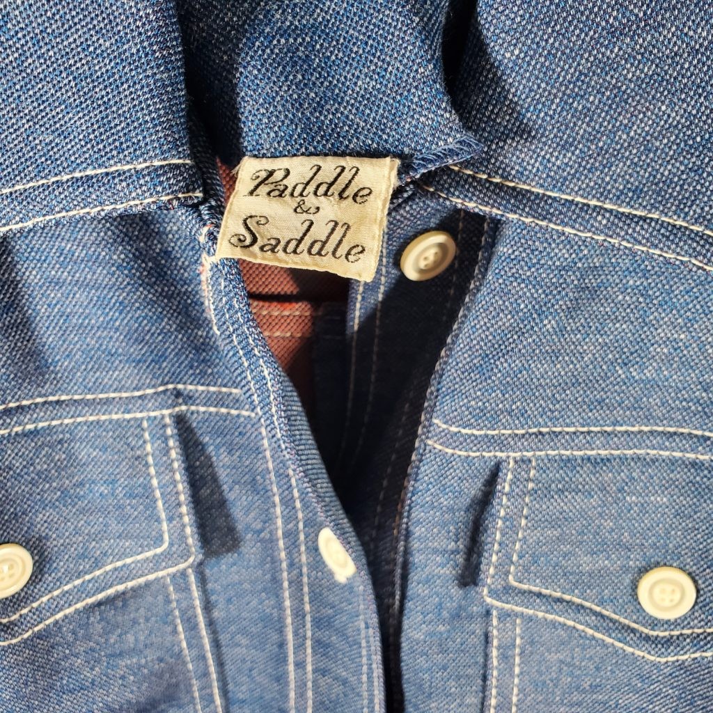 Vintage 70s Paddle & Saddle Denim Look Pant Suit Set Flare Leg Shirt Blue Sz S