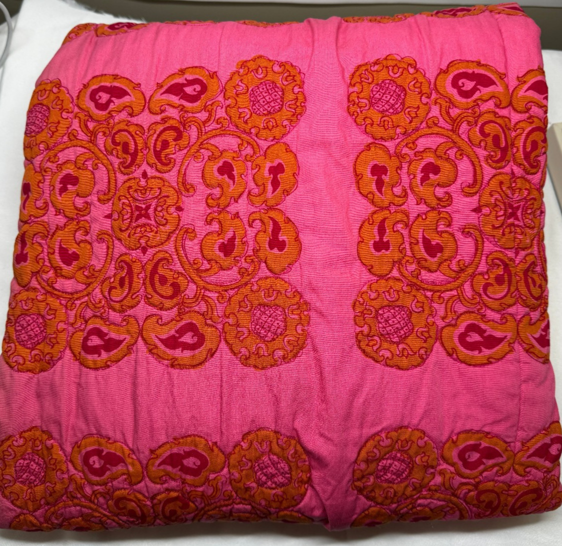 vtg 60s Quilted 1/2 Zip House Coat Robe 3/4 Sleeve Pink Orange Design Thai sz 10