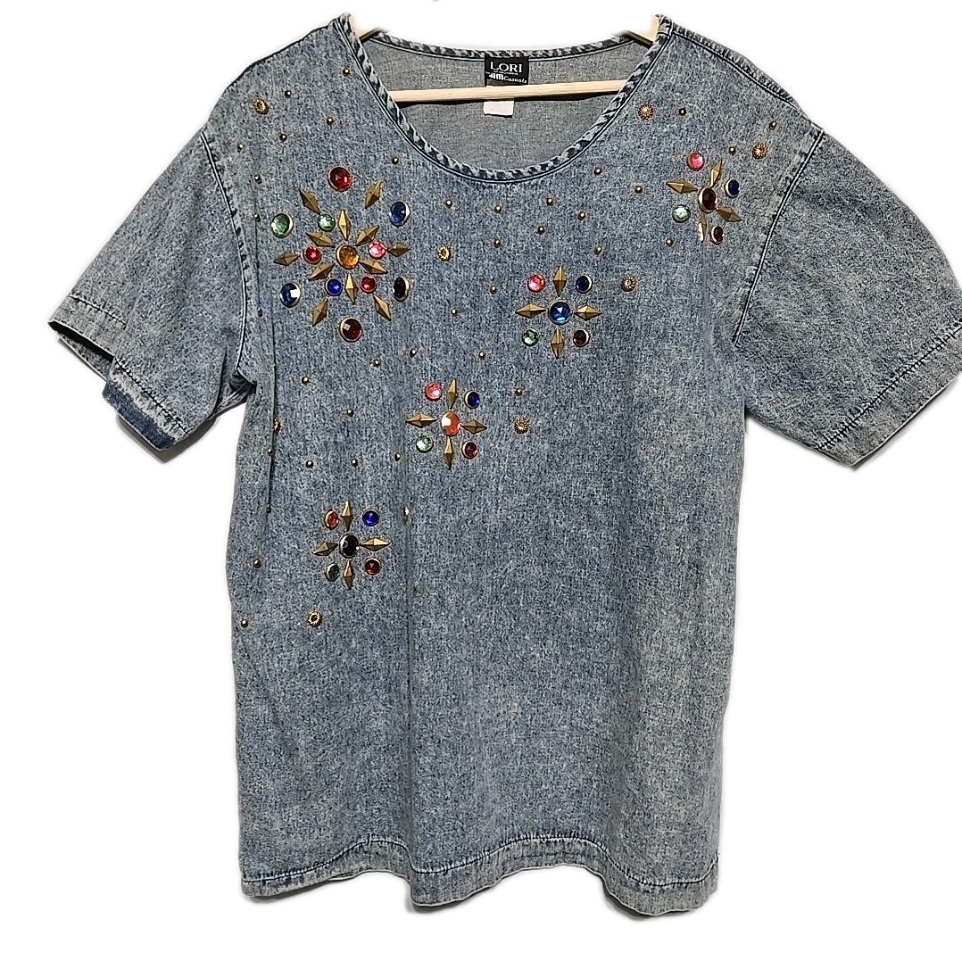 Lori Of California Womens Size M Bedazzled 89s 90s Acid Wash Vtg Retro Denim Top