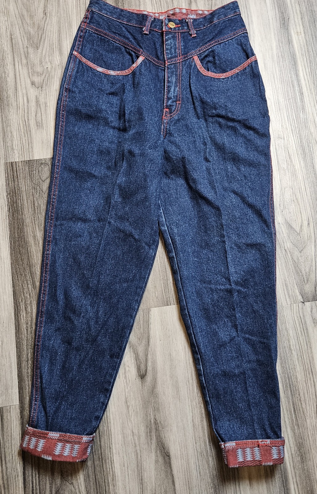 80s VTG Gitano Womens Blue Denim Red Stitching Tribal Accent Cuffs/Pockets Y2K