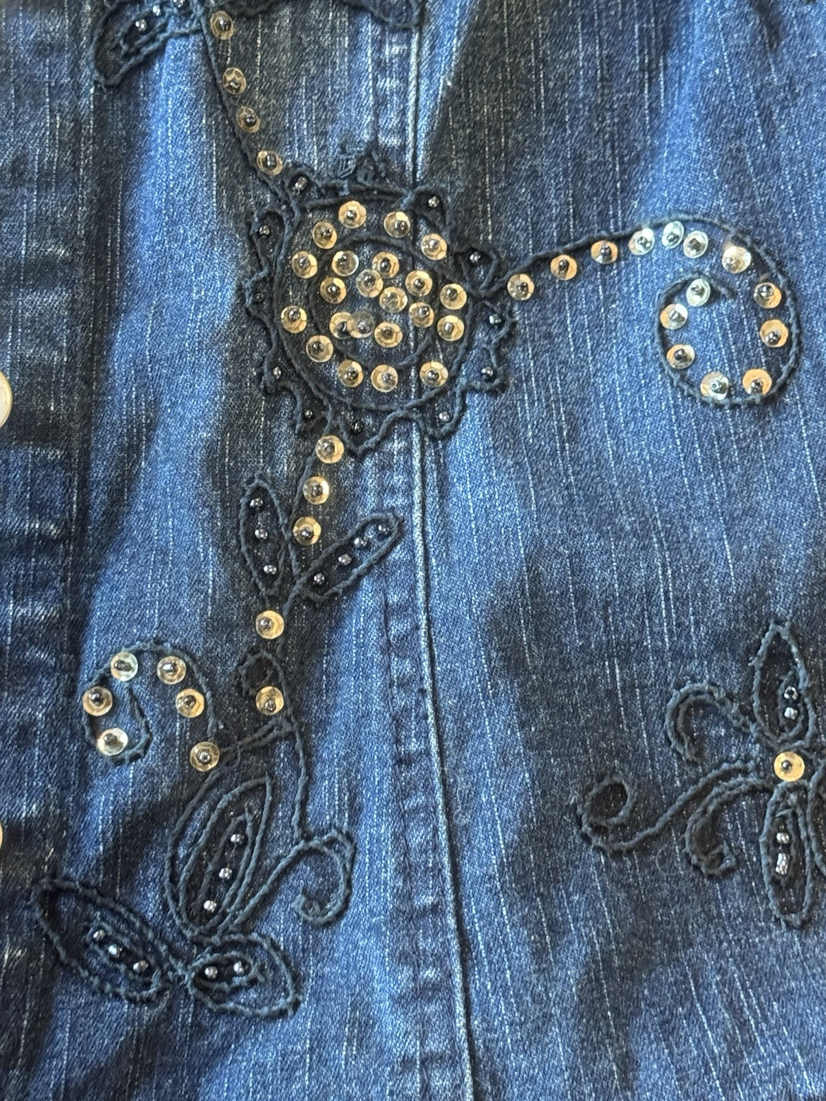VTG Flashback jacket blue denim beaded sequin button jean pockets Medium