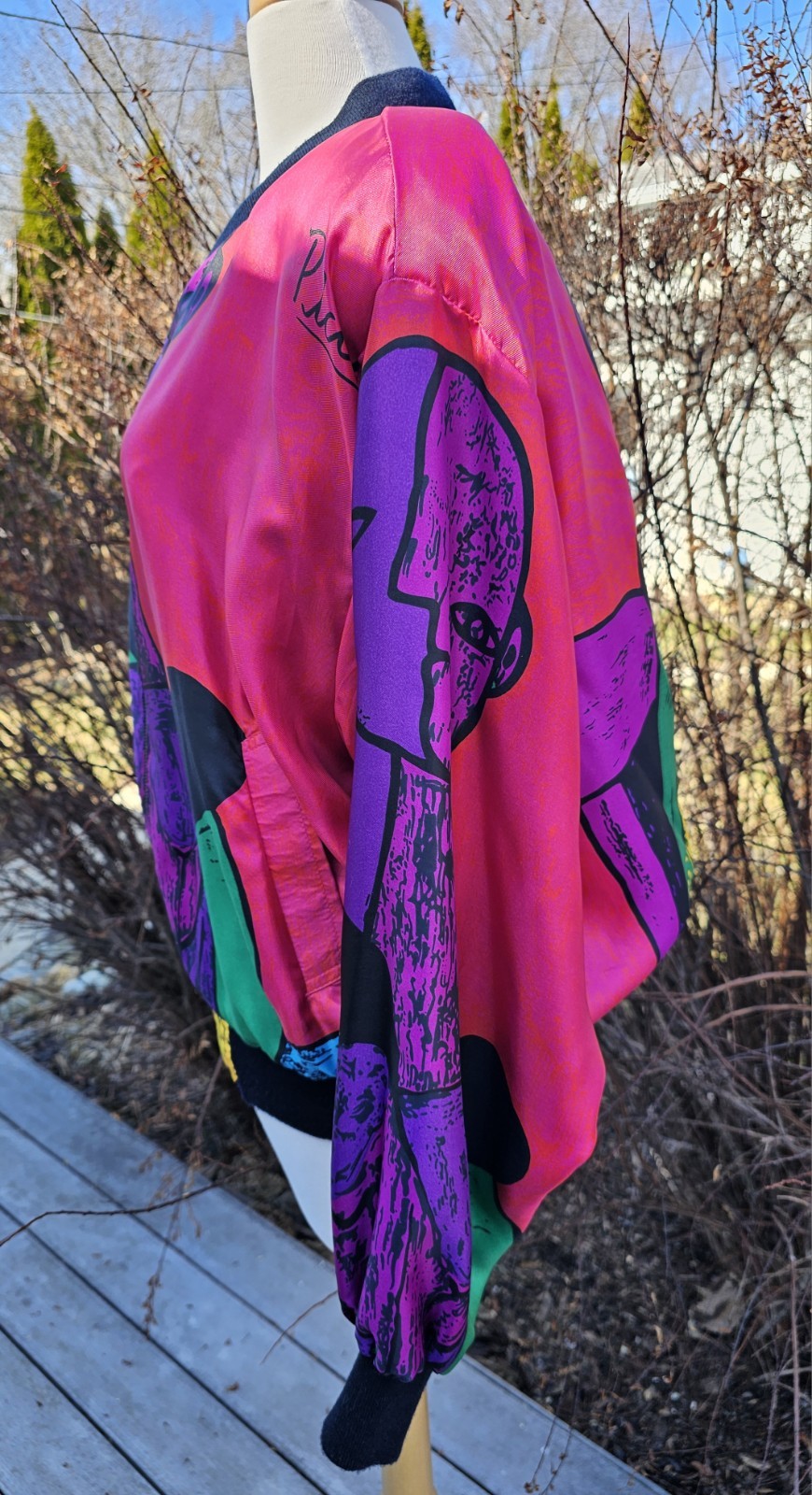Vtg SHINY SATIN PICASSO ART BOMBER JACKET Sex Education POP ART GRAPHIC SZ L