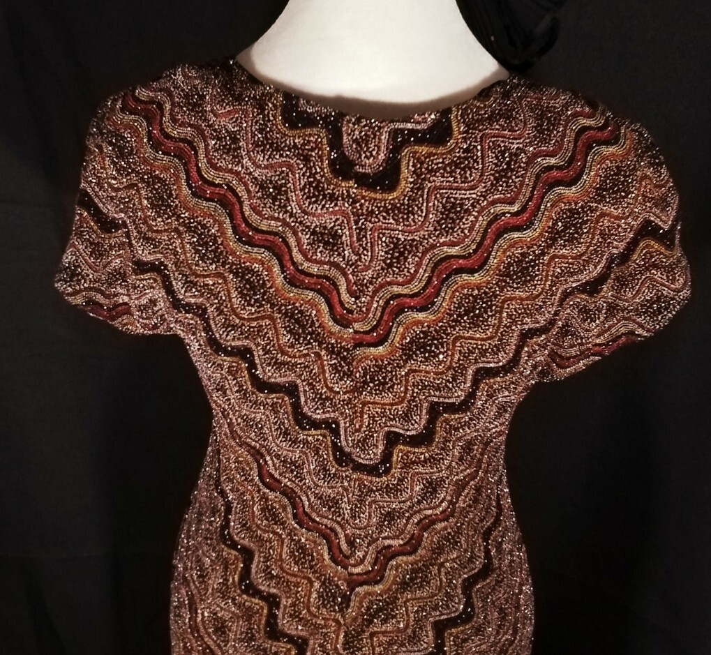 Vintage 1980s 1990s Robbie Bee Petite Metallic Gold Red Bodycon Midi dress Sz 8P