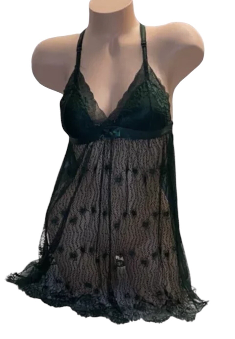 Vintage Dark Green Sheer Mesh Lace Bow Nylon Nightgown Womens NOS