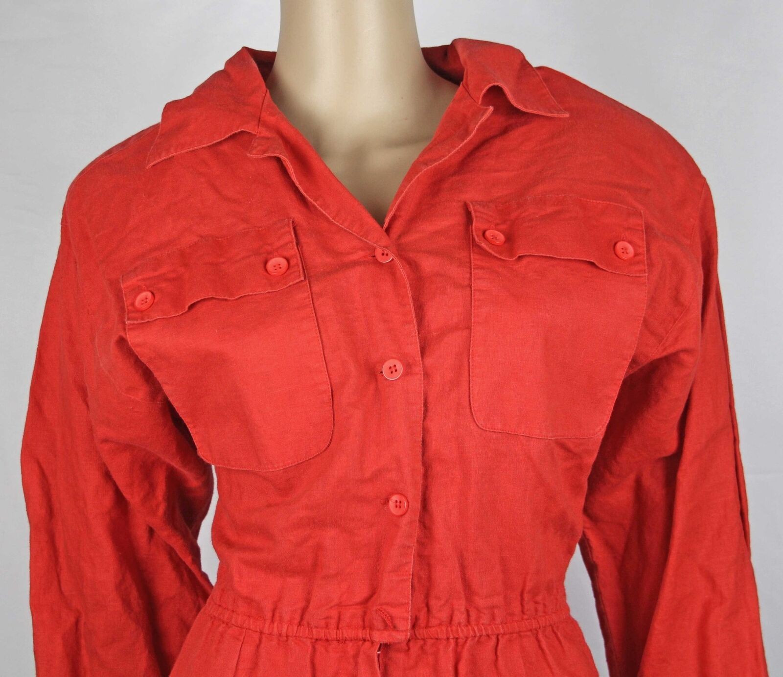 1980s Vintage Red Cargo Utility Dress Cotton Shirtdress Pockets Melissa Lane 12