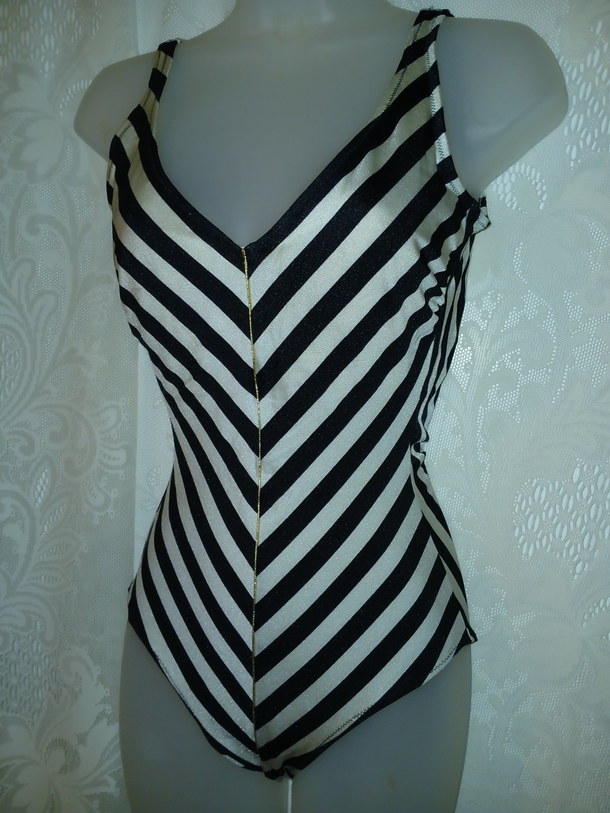 Vintage 80s Gottex 50s Barbie Doll Style Black White Stripes Swimsuit 1 Piece S