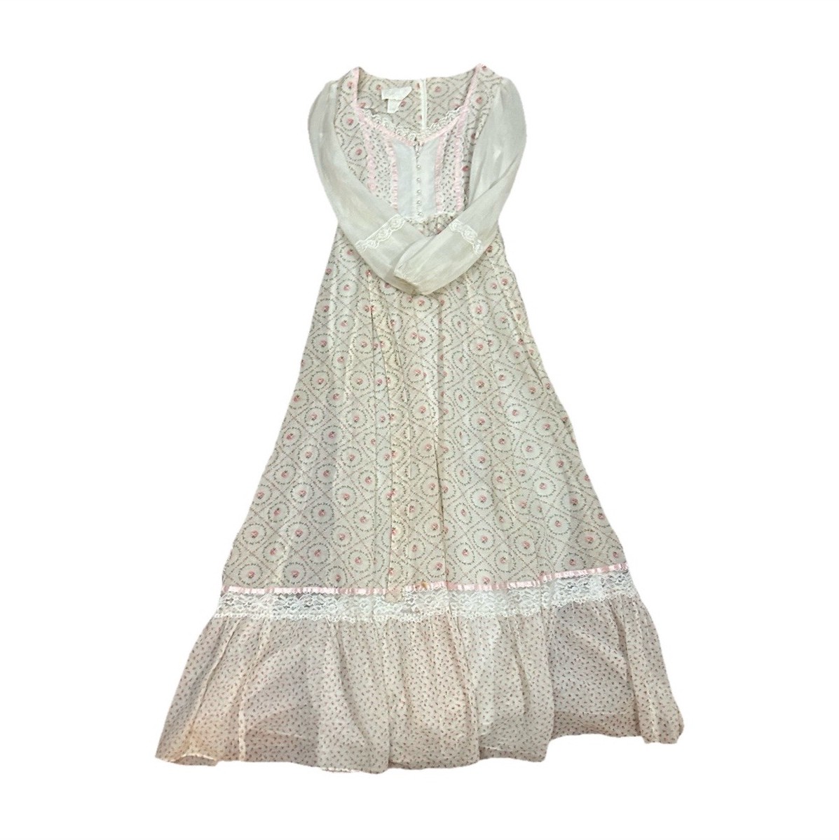Vintage 1970s Prairie Lace Trim Floral Dress White Pink Green Size 8
