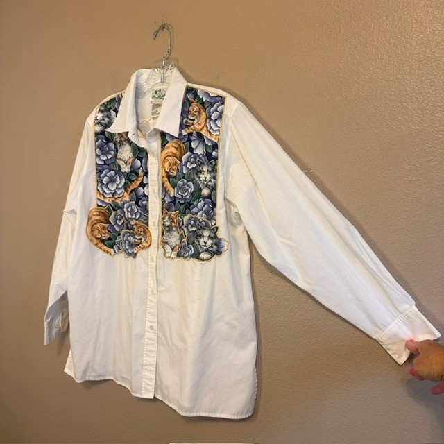 The Quacker Factory Vintage Women’s Cats Button Up Long Sleeve Shirt Blouse LG