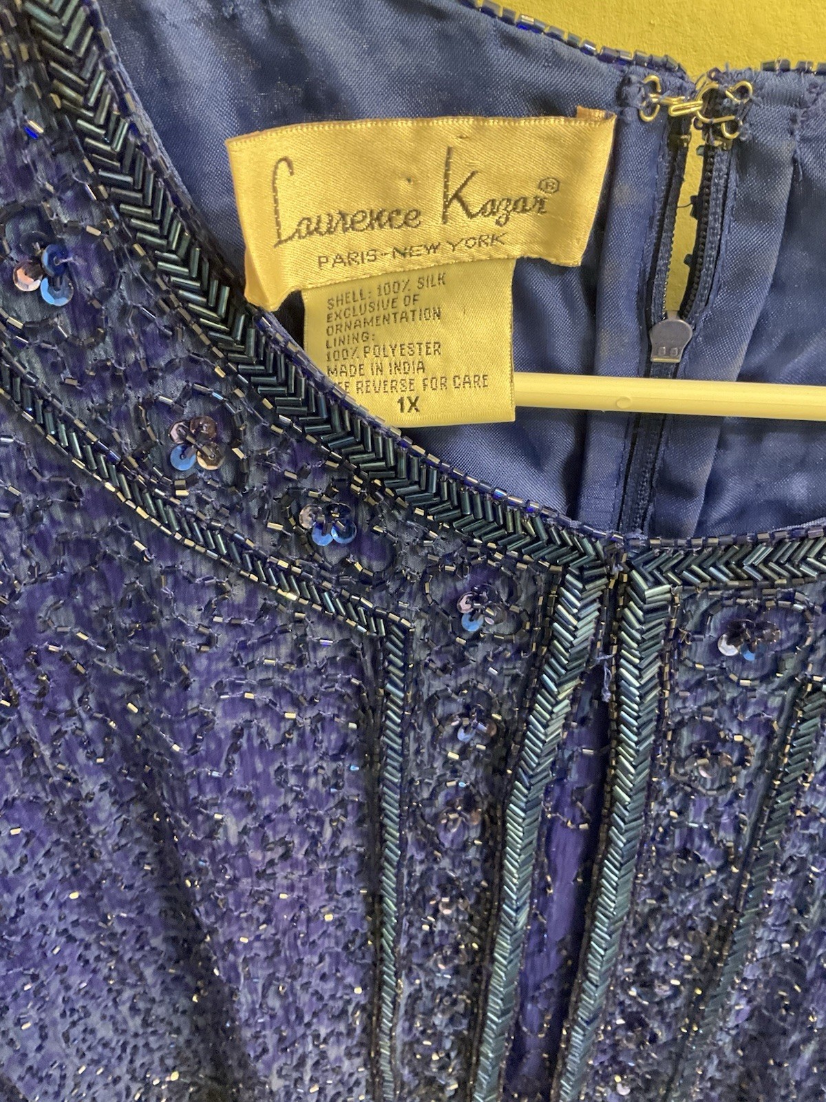 Vintage Laurence Kazar 100% silk cobalt blue heavy beaded cocktail dress size 1X