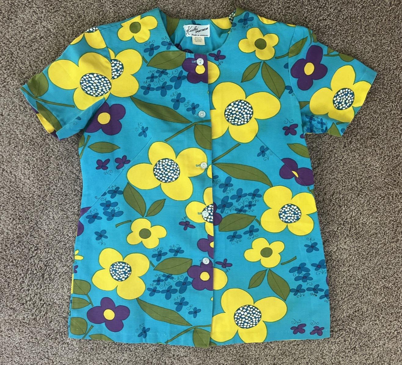 Vintage 60s Kuulei Sportswear Turquoise Hawaiian Barkcloth Blouse-34″ Chest
