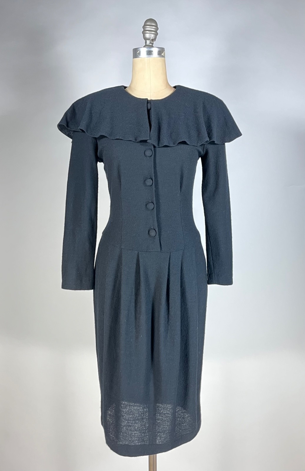Vintage 1980’s to 1990’s black MERINO WOOL weave dress w/bertha collar by Oberon