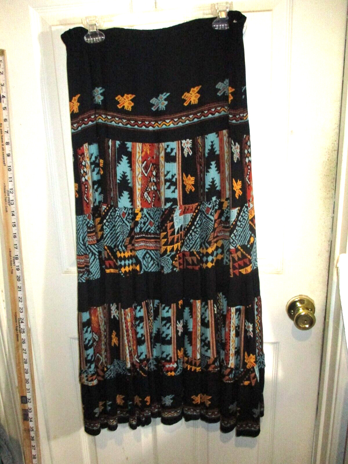 Vintg Carole Little St Tropez West Rayon Gauze Maxi Black Turquoise SW Print M-L