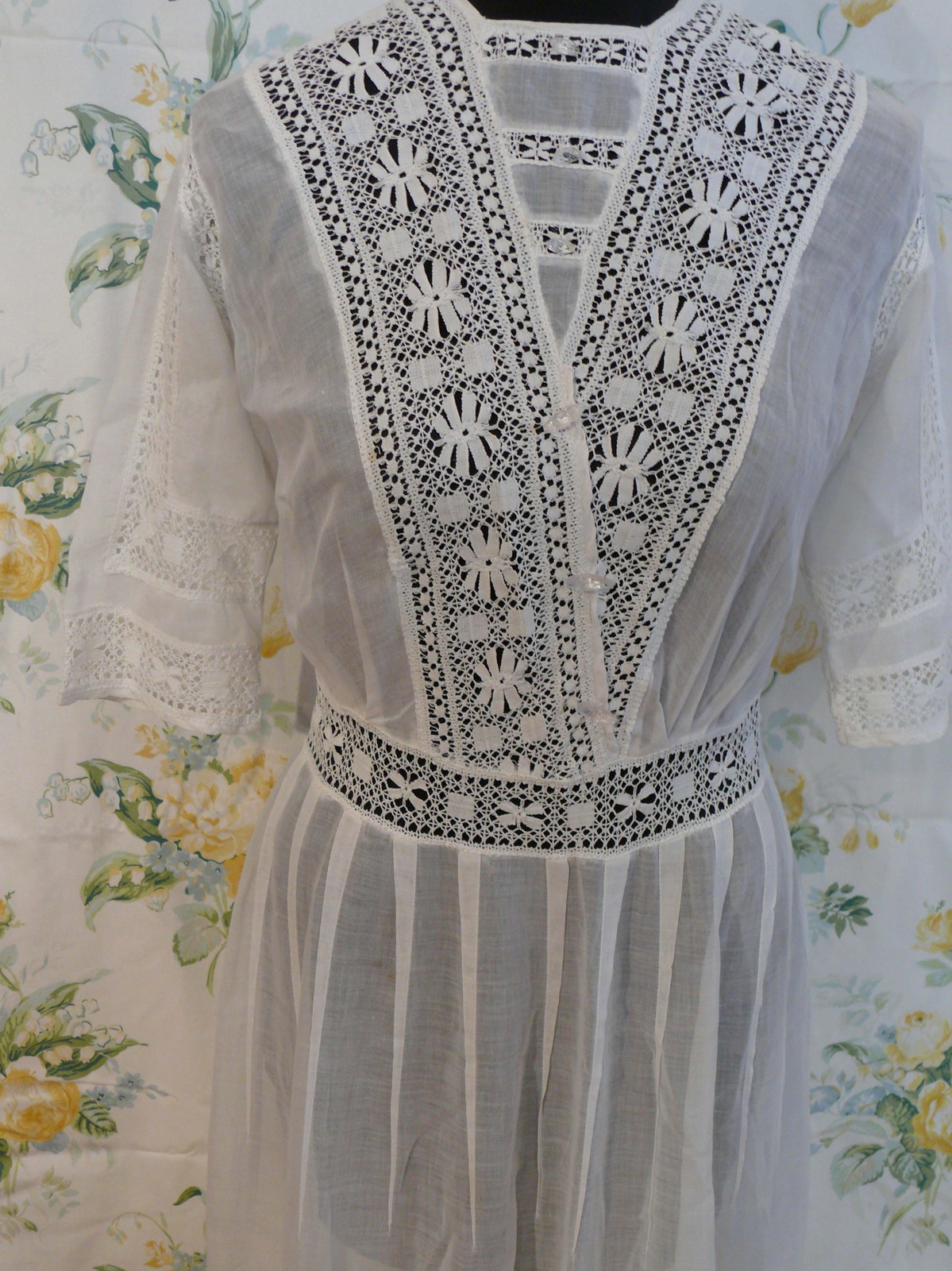 1910-15 Gibson Girl White Long Cool Cotton Lawn Dress w. Lace Grad / Wedding M