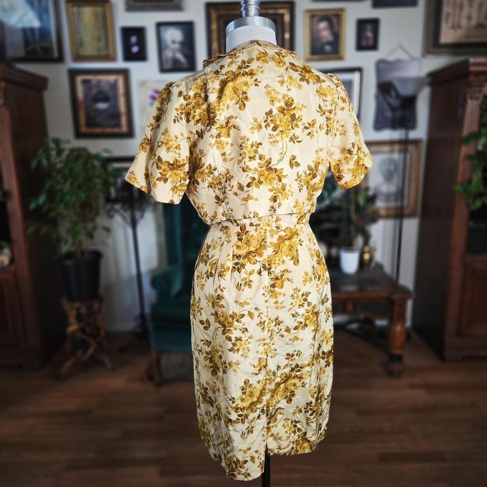 House of Lords Dress Set Vintage 1960s Floral Sheath Jacket Gold Yellow 12 S M