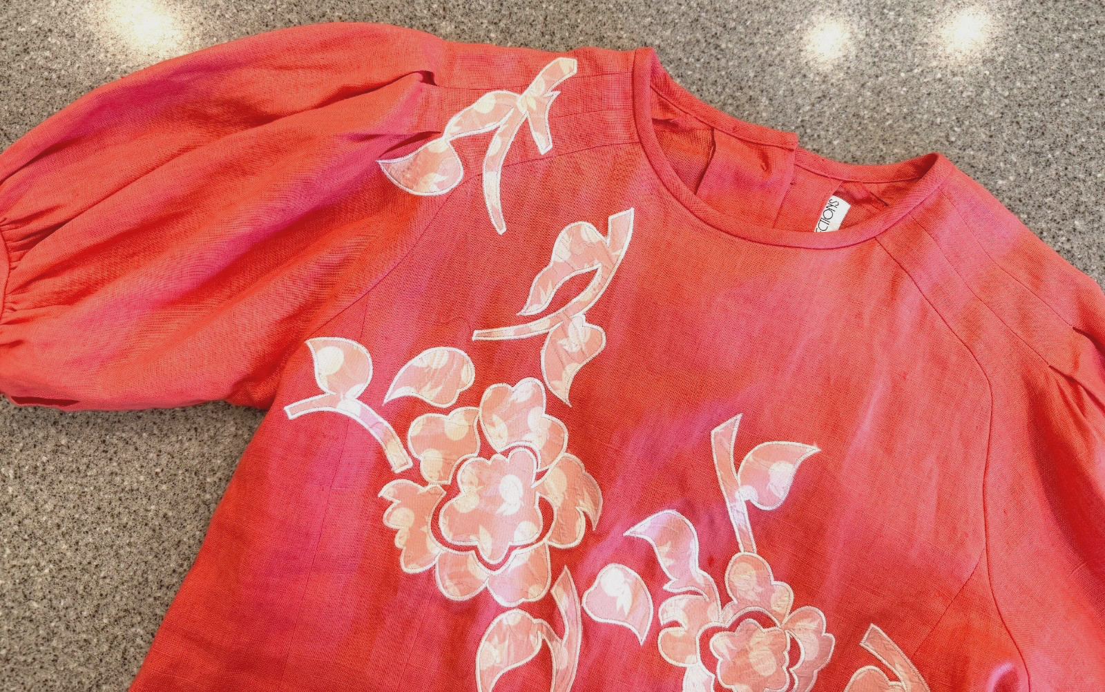 Vtg ANNE CRIMMINS UMI Collections Coral Linen Applique Puff Sleeve Top Sz 4