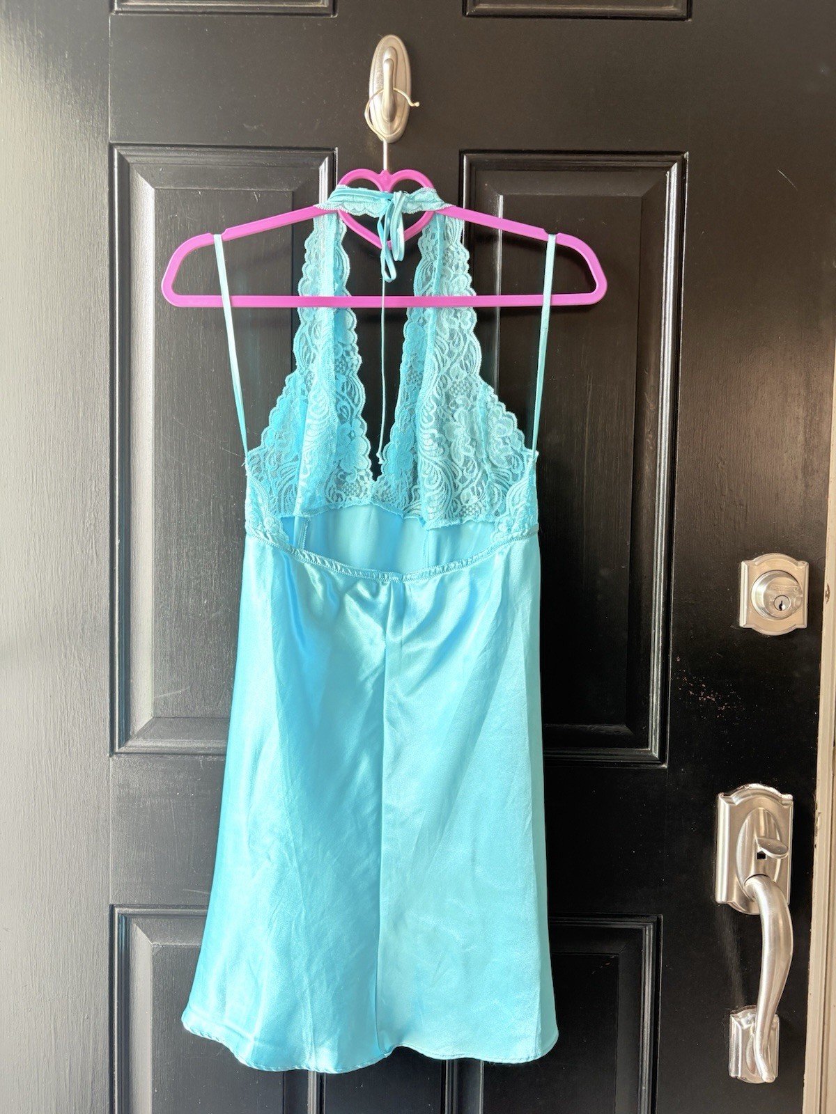 VTG Frederick’s of Hollywood Blue Satin Lace Dress Lingerie Size L Sexy Backless