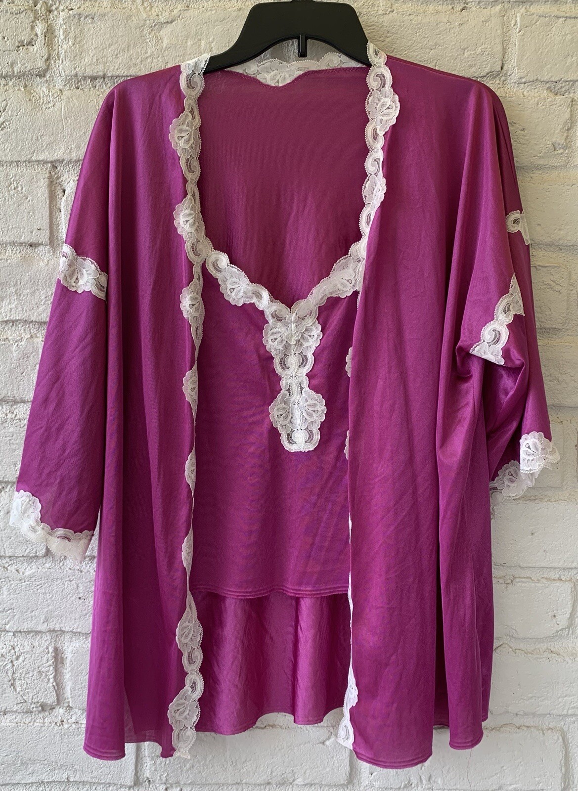 VTG Intime of California Set Lingerie Nylon Slip Top Robe Purple Lace Boho