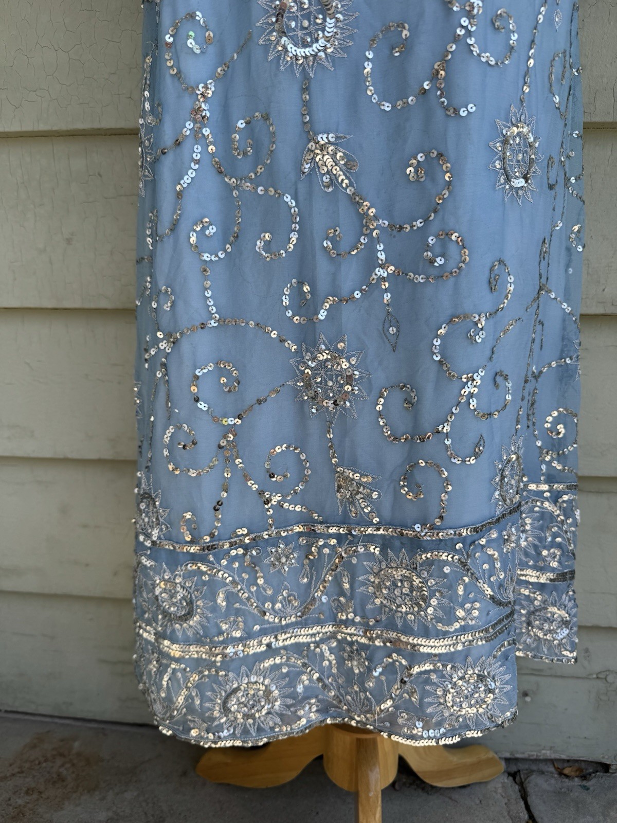 Vtg 60’s Profils Du Monde Beverly Hills Baby Blue Gown Silver Sequins Silk S