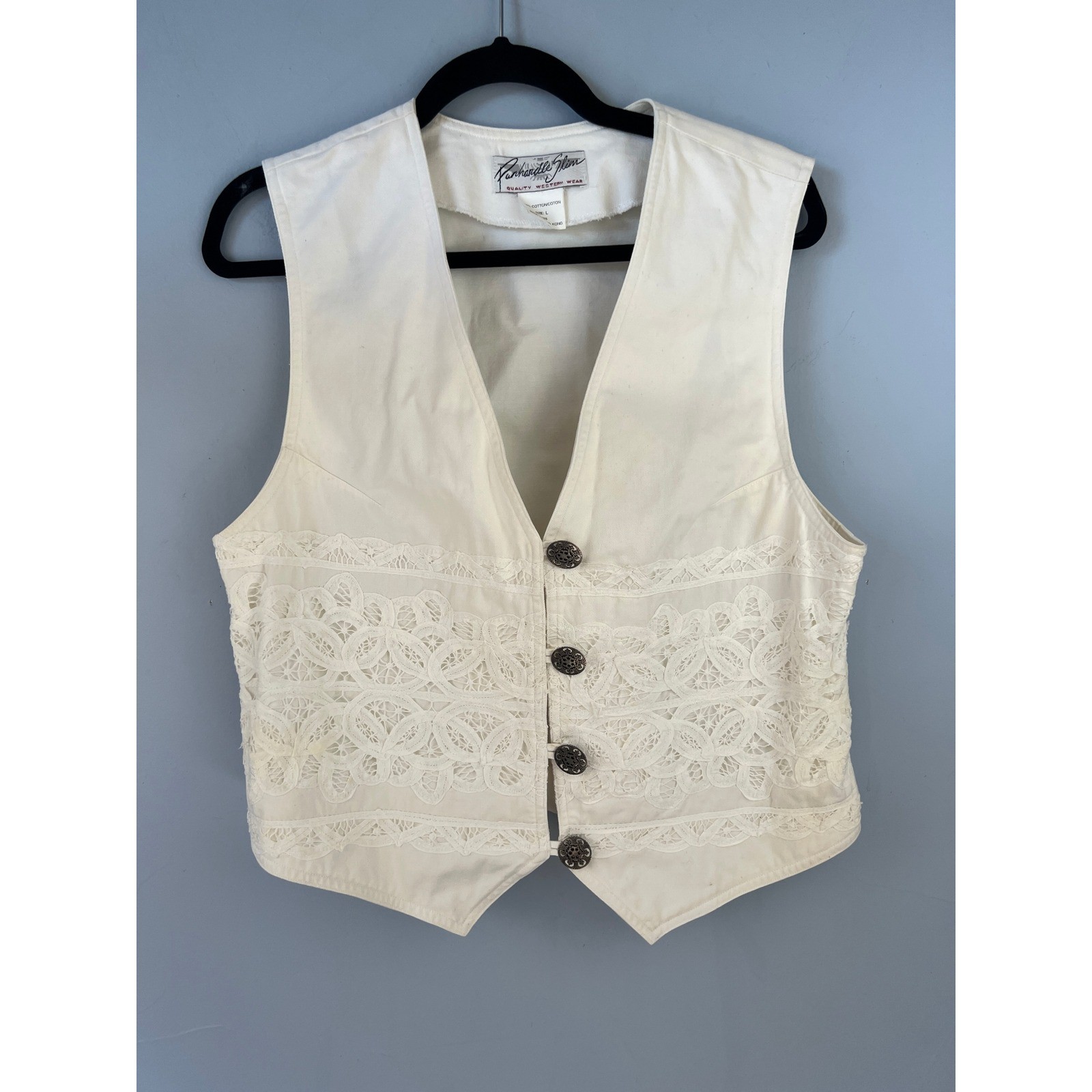 Vintage Panhandle Slim White Lace Cotton Vest SZ L Western Rodeo Cowgirl