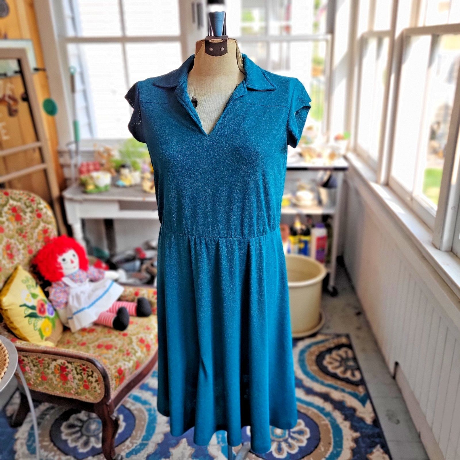 Vintage 1970’s -Cinched Waist Soft Terry Poly Sun Dress w Cardigan Top Size L