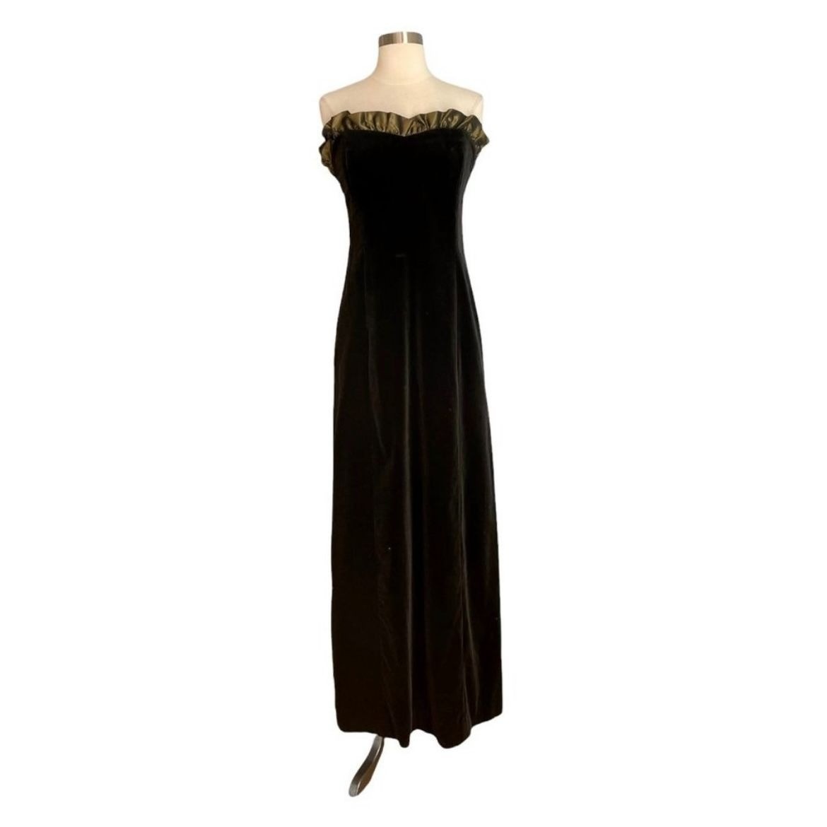 Vintage 90s Laura Ashley Black Velvet Gown Dress w/Olive Green Ruffle Trim S