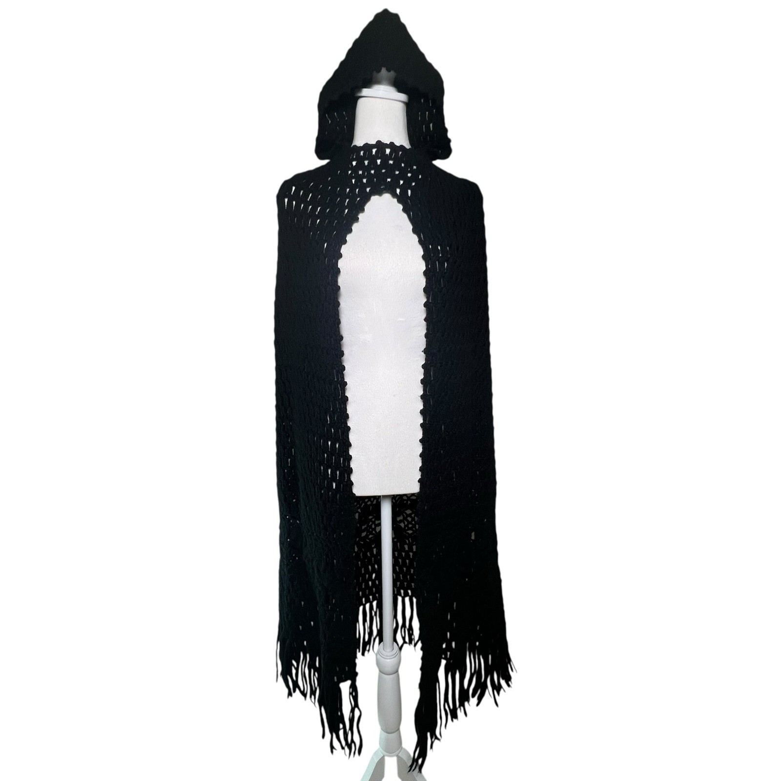 VTG Sweater Bee by BANFF Black Wool Open Knit Fringed Hooded Cape Layering Fairy