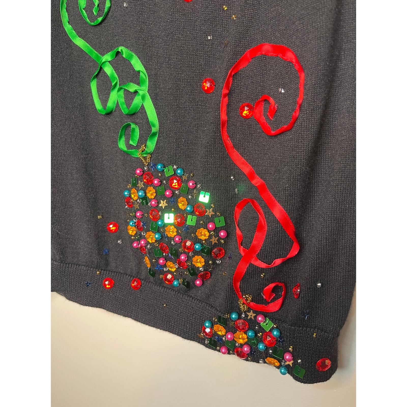Vintage 2000s Berek Rhinestone Glam Christmas Ornament Shawl Neck Sweater S