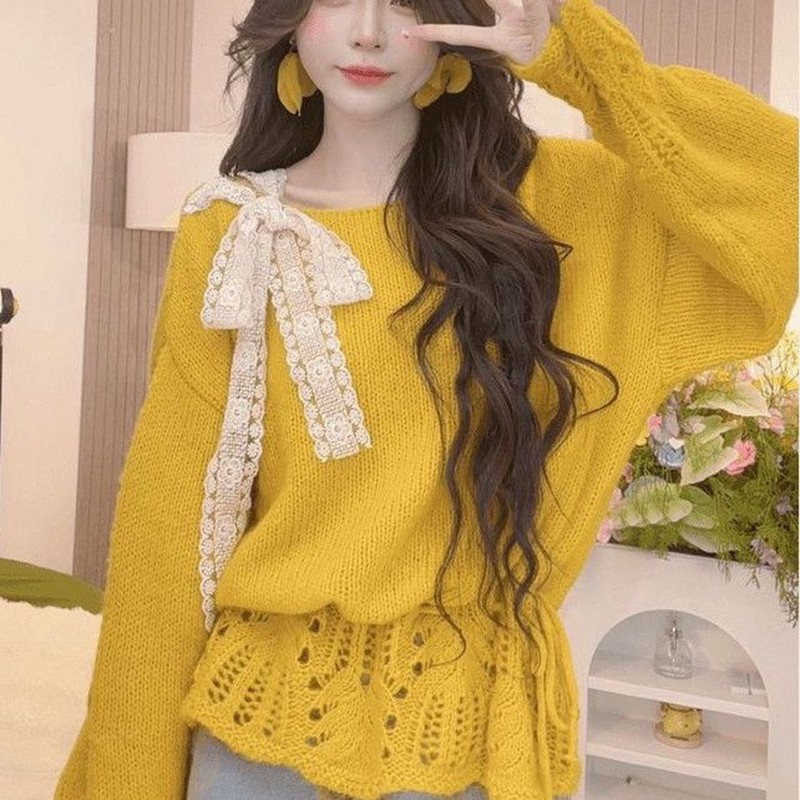 Japanese Sweet Girls Womens Bow Sweaters Jumpers Lolita Cute Princess Shirts