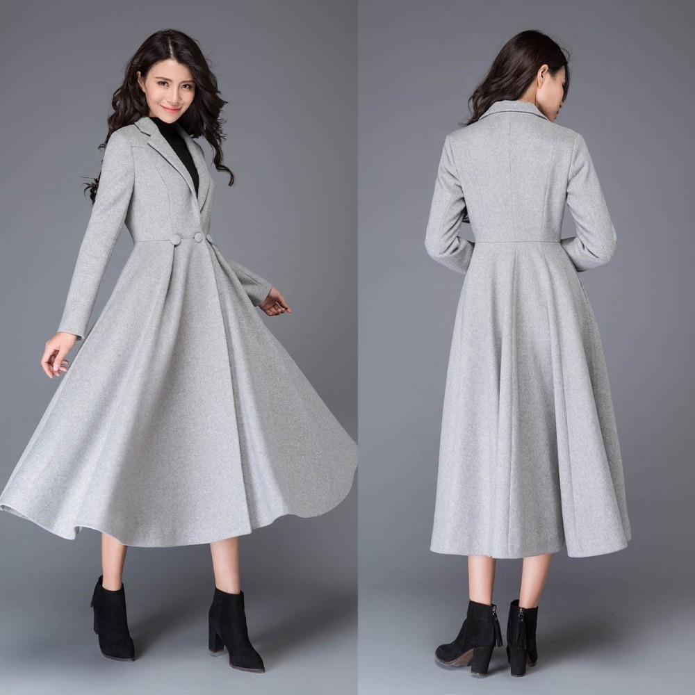 Ladies Grey Coat Jacket Reverse Collar Wide Hem Tweed Long Winter Business