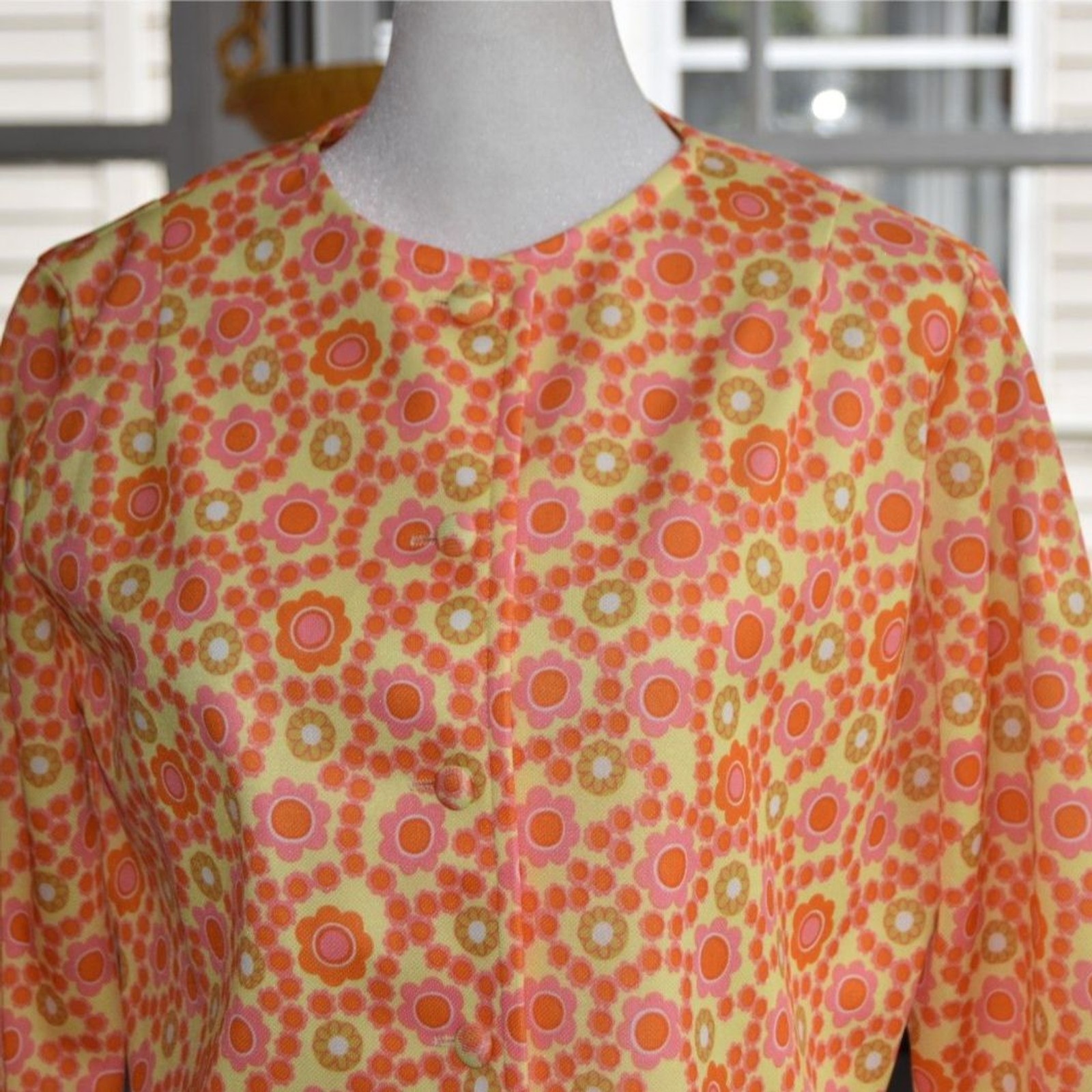 Vintage 60s Mod Floral Blouse Mr Fine Dallas Orange Pink Retro Top L