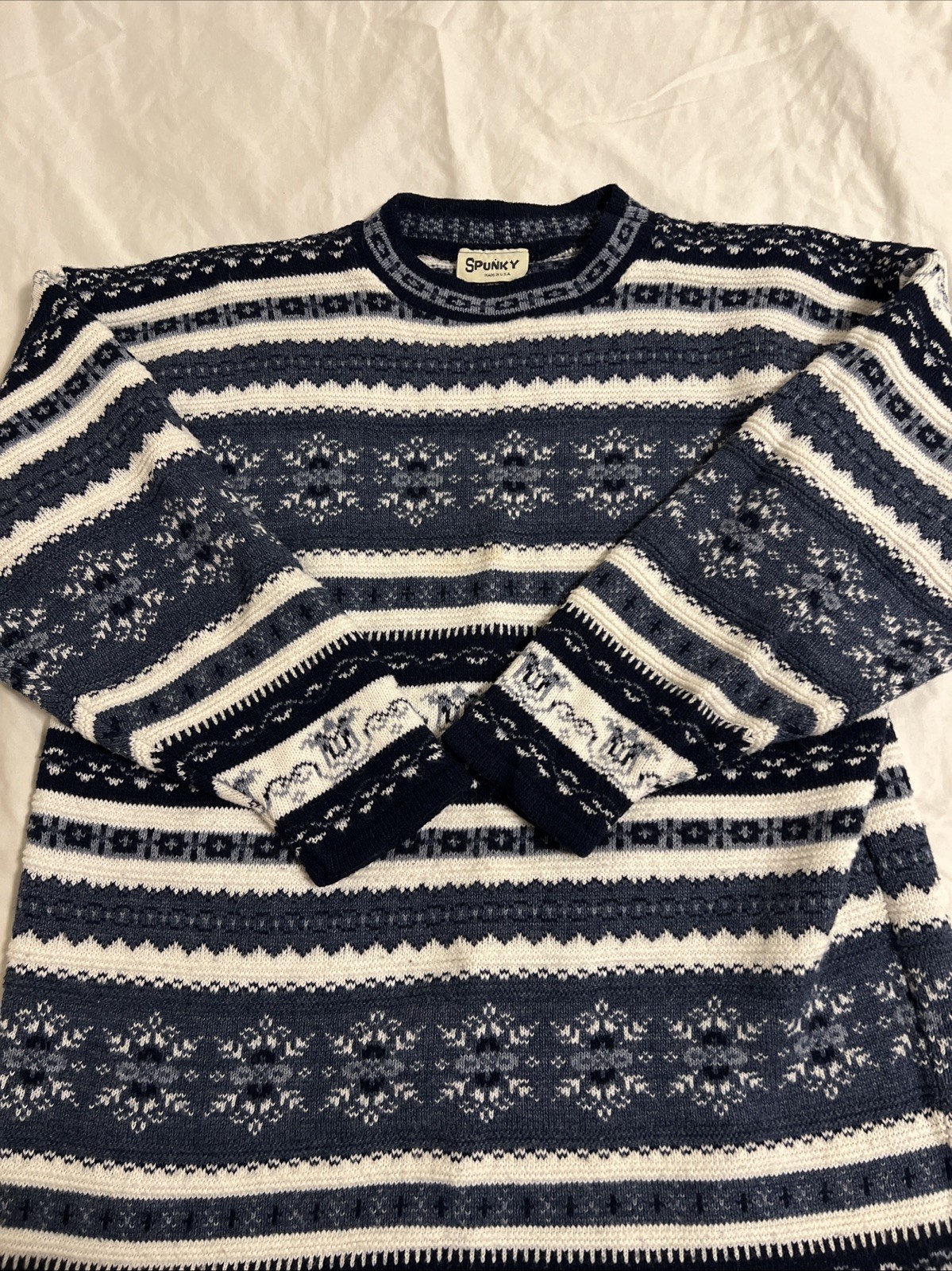 Spunky Vintage Blue And White Sweater 100% Acrylic Made in USA XL/2XL Unisex