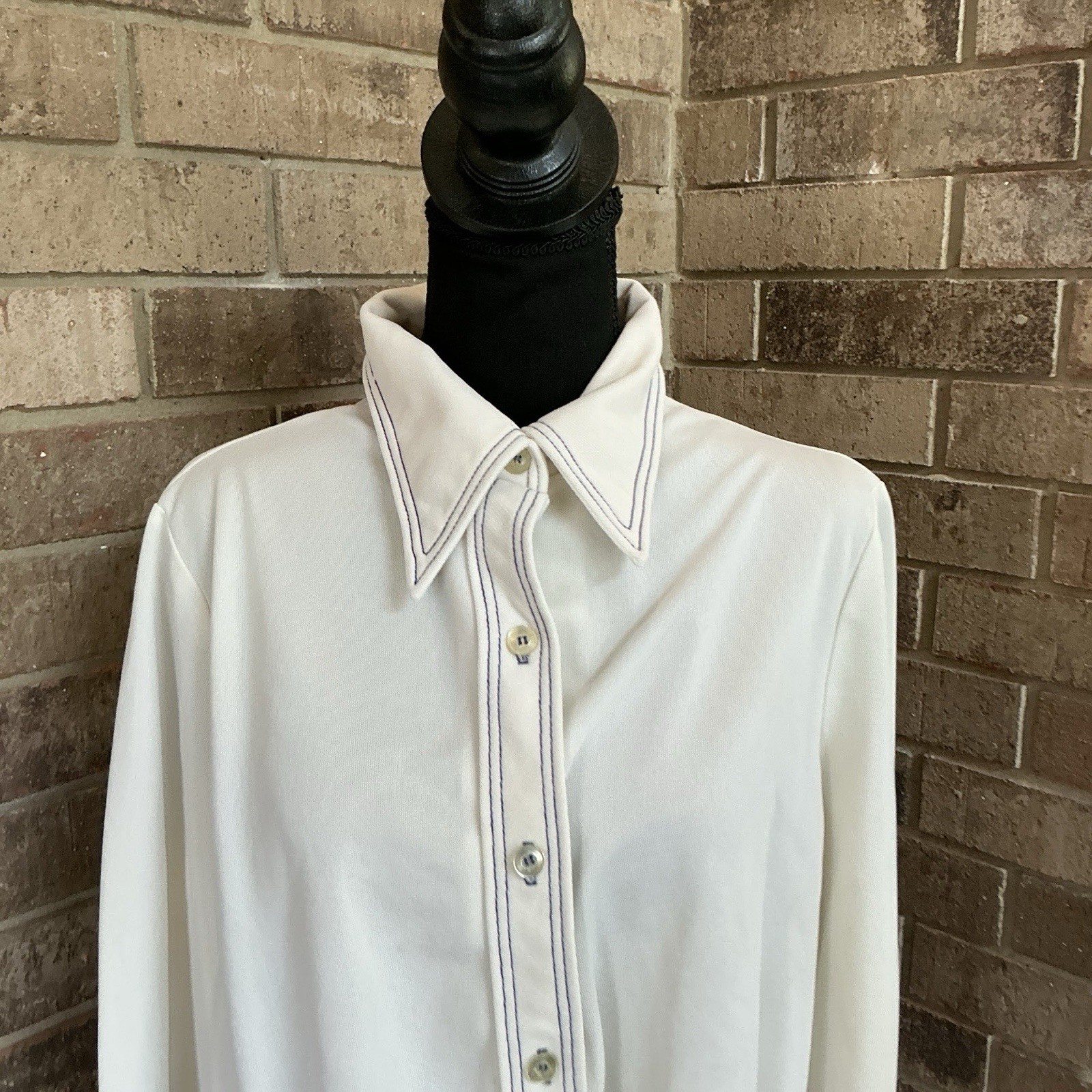 70s VTG Royal Blue Jacket White Blouse 2PC Set Sz L Coin Buttons Topstitch #20D8