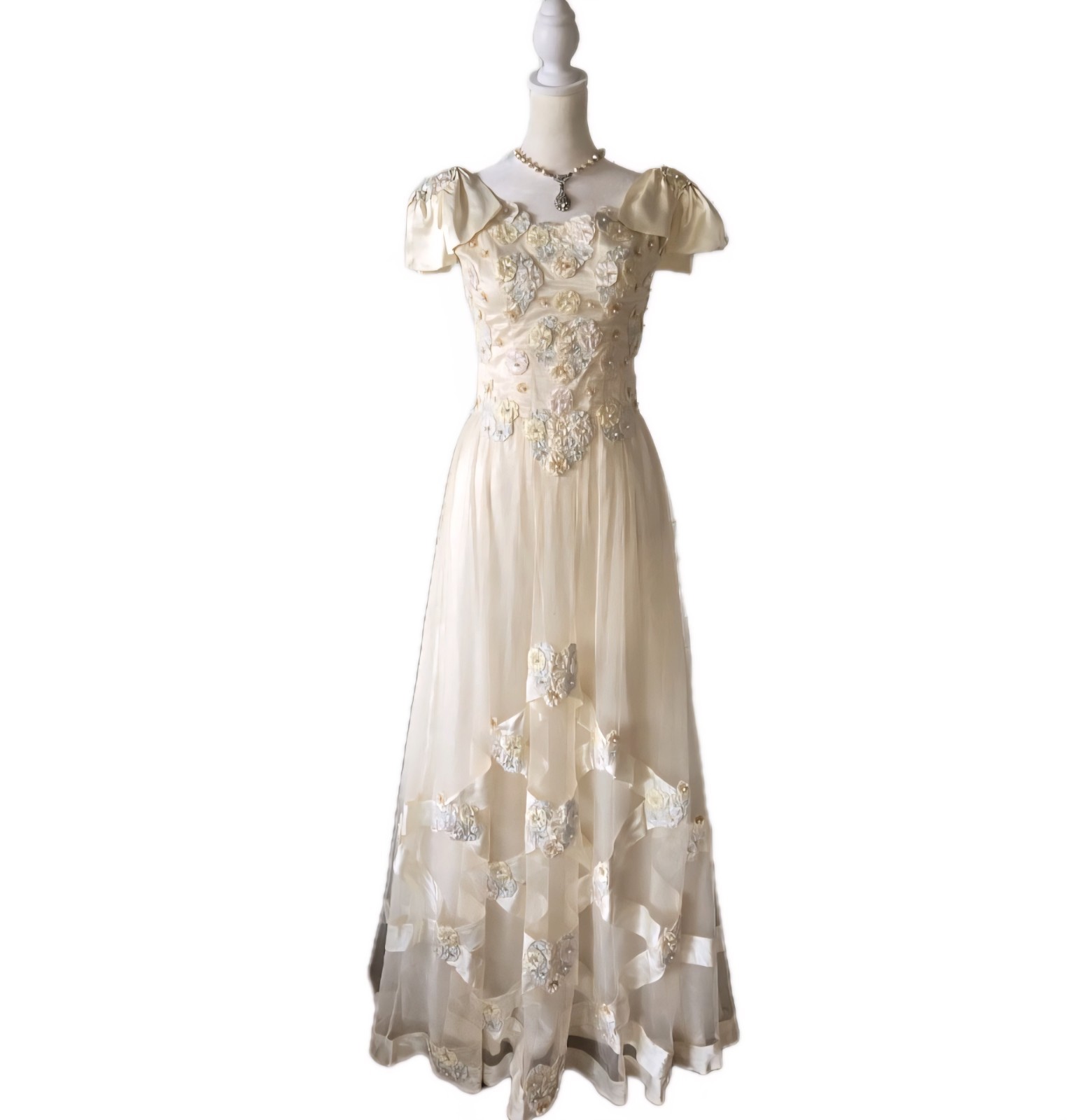 Vtg 40s 50s Floral Appliqué & Pearl Gown, S/4, Champagne/ Cream, Formal, Wedding