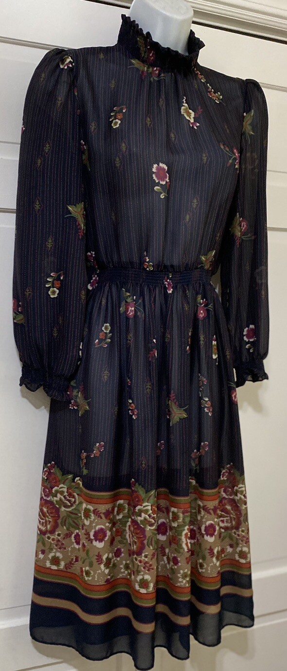 Vintage LF Petite Union Made Blue Floral Print Mock Neck Secretary Dress Size 4