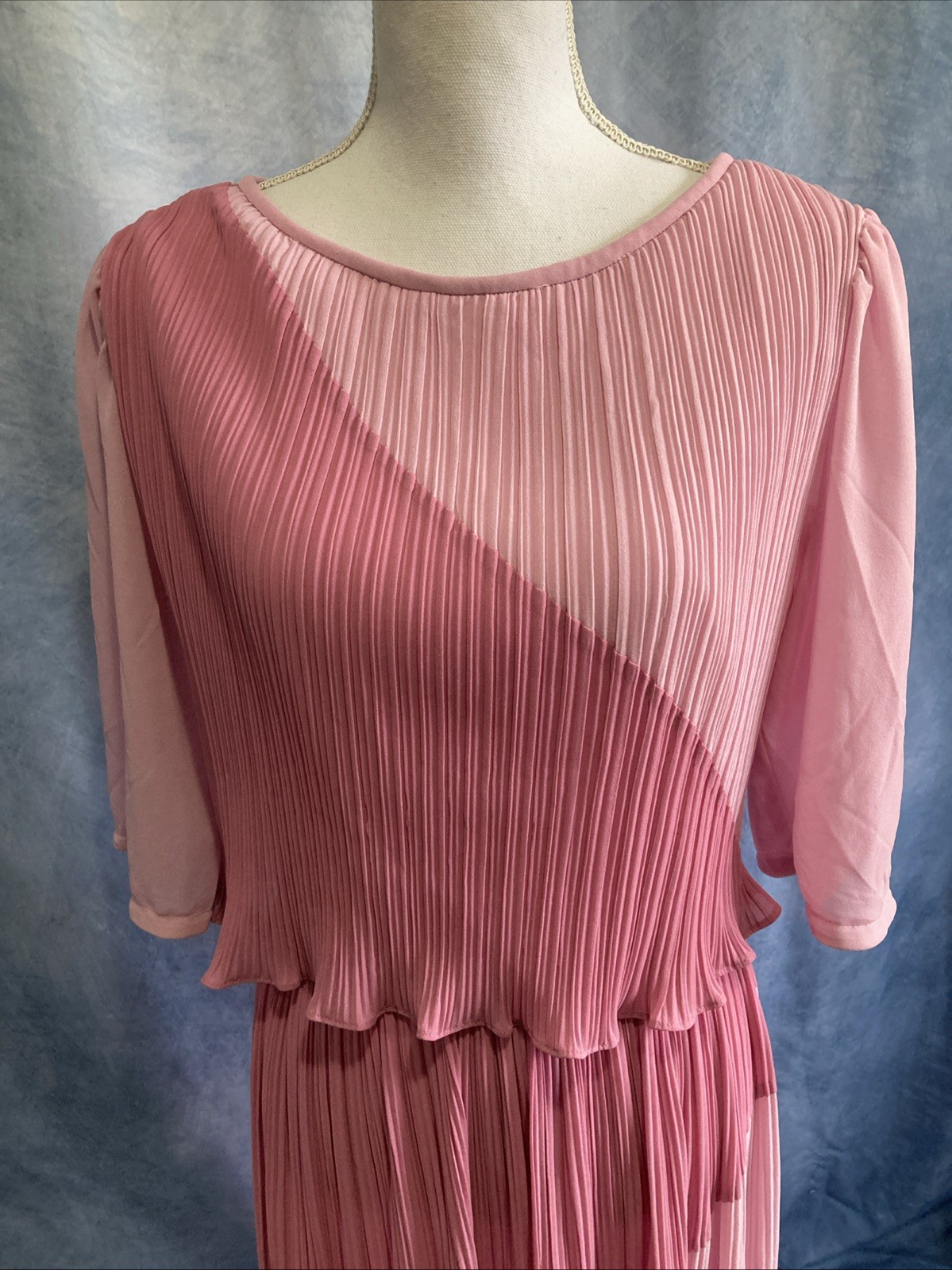 Vtg 70s Discovery Fashions Pleated Colorblock Dress Pink Plisse Disco Midi XS/S