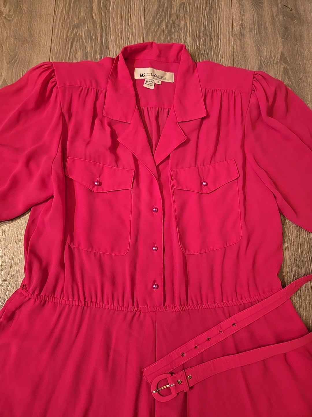 Vintage 1980s Ms Chaus Pink Belted Secretary Dress Size 12 Silky Button Down