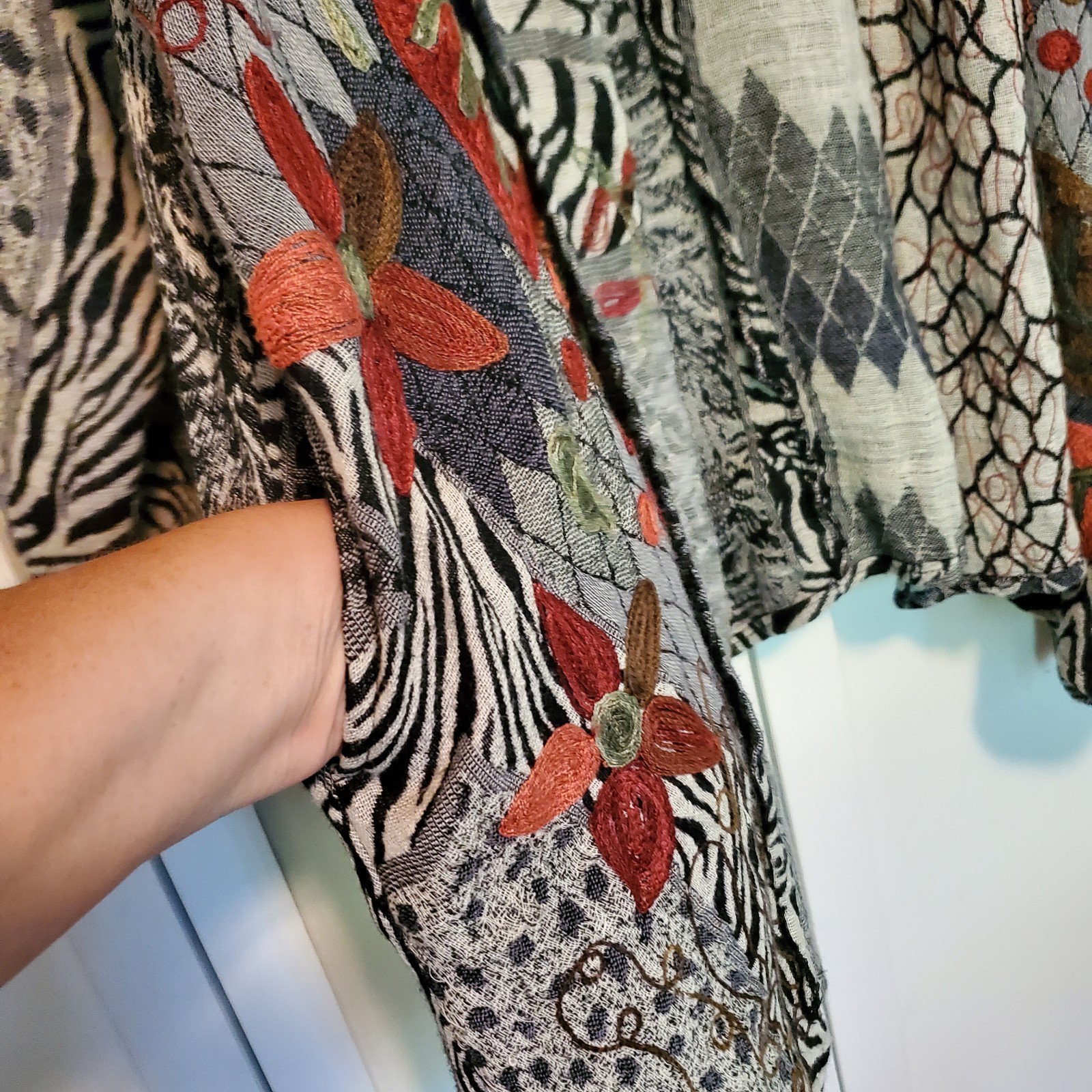 VTG Anu Wool Patchwork Abstract Art Open Jacket Womens S Mixed Media Embroidered