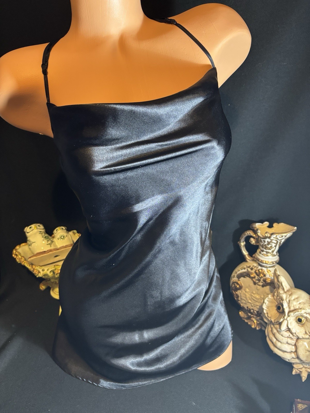 Vtg Satin Soft Jet Black Oily Gown Babydoll Cowl Neck Nightgown Gown Frilly CD