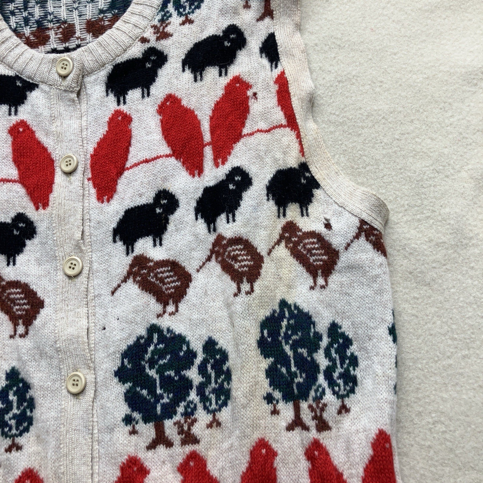 Vtg 80s PURE WOOL Knit Sweater Vest Made In New Zealand L Animal Theme Kiwi