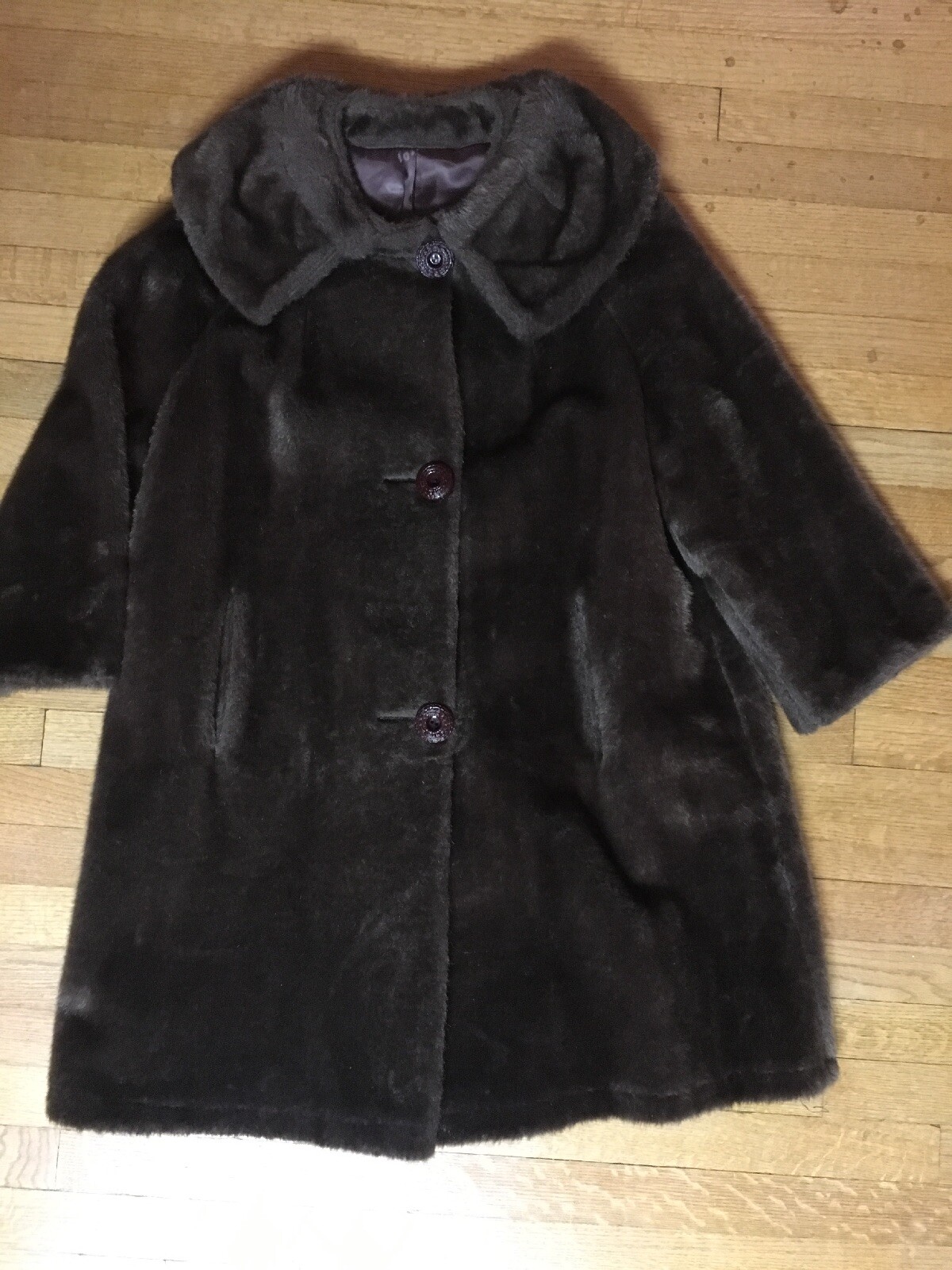 Vtg 50s 60s Ladies Brown Faux Fur Long Coat Jacket Womens M-L Party Glam Mod