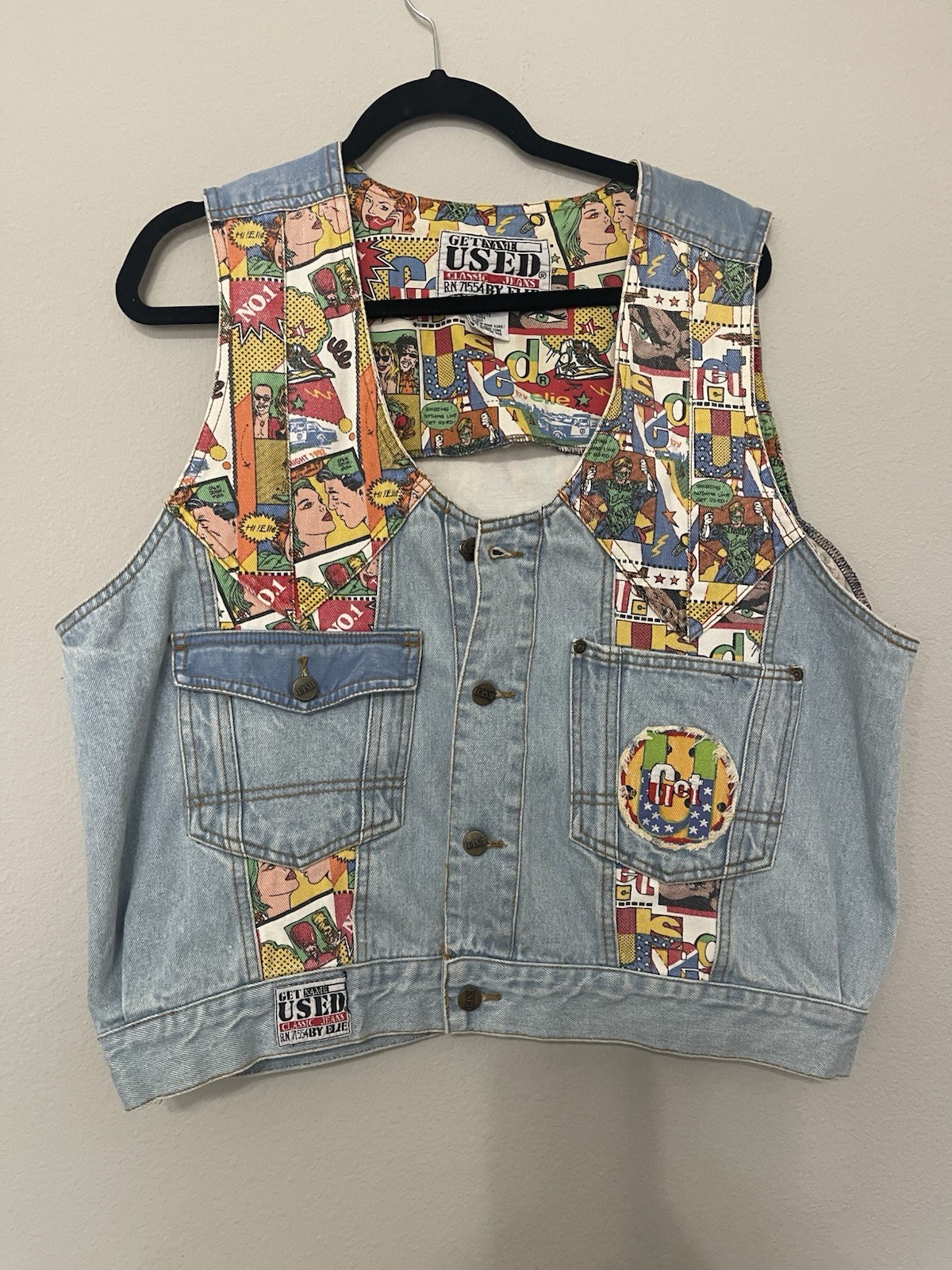 VTG 80’s GET NAME USED Classic Jeans VEST Women’s RN 71554 By ELIE