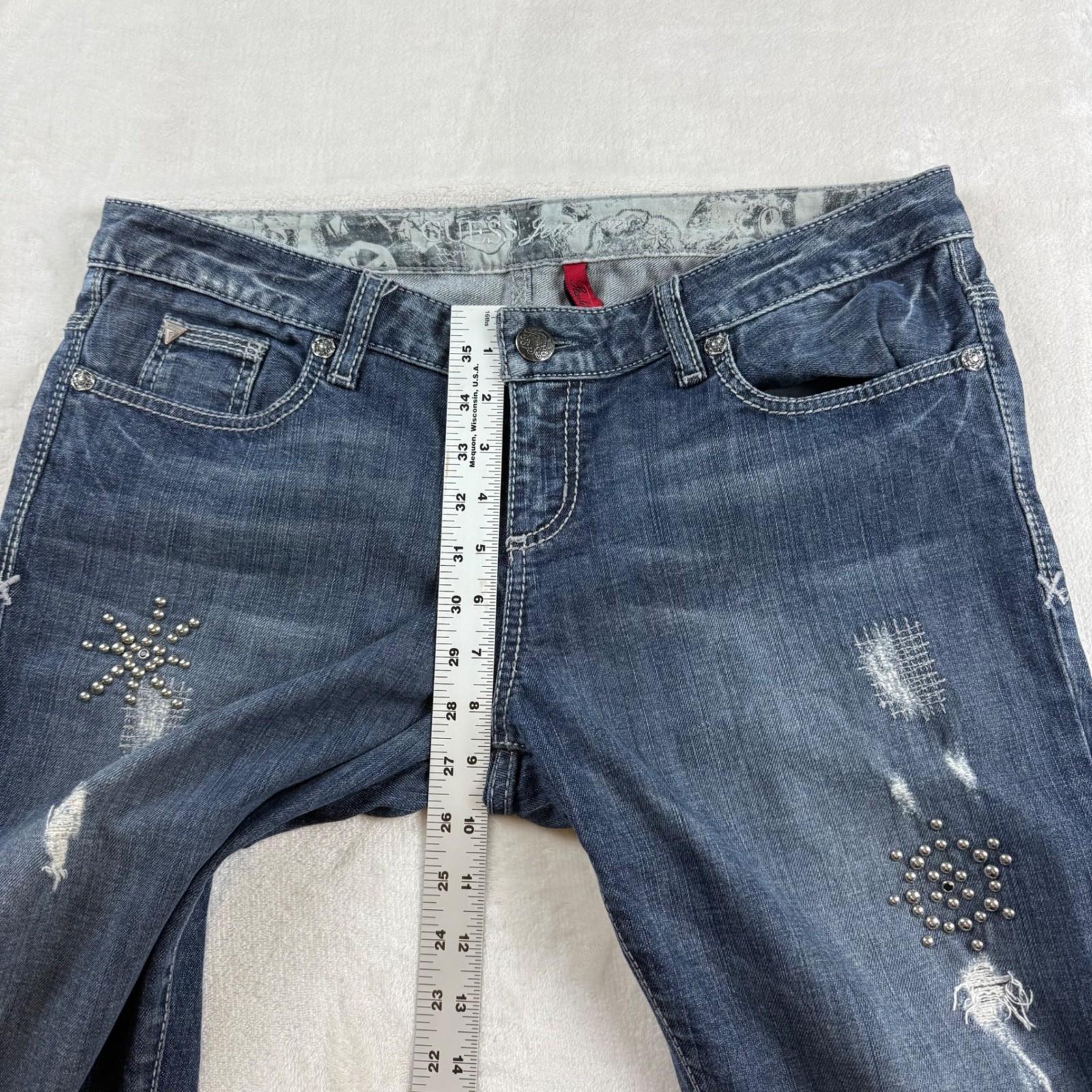 Vintage Guess Bootcut Jeans Womens 32 Blue Distressed Studded Pocket Y2K Indie