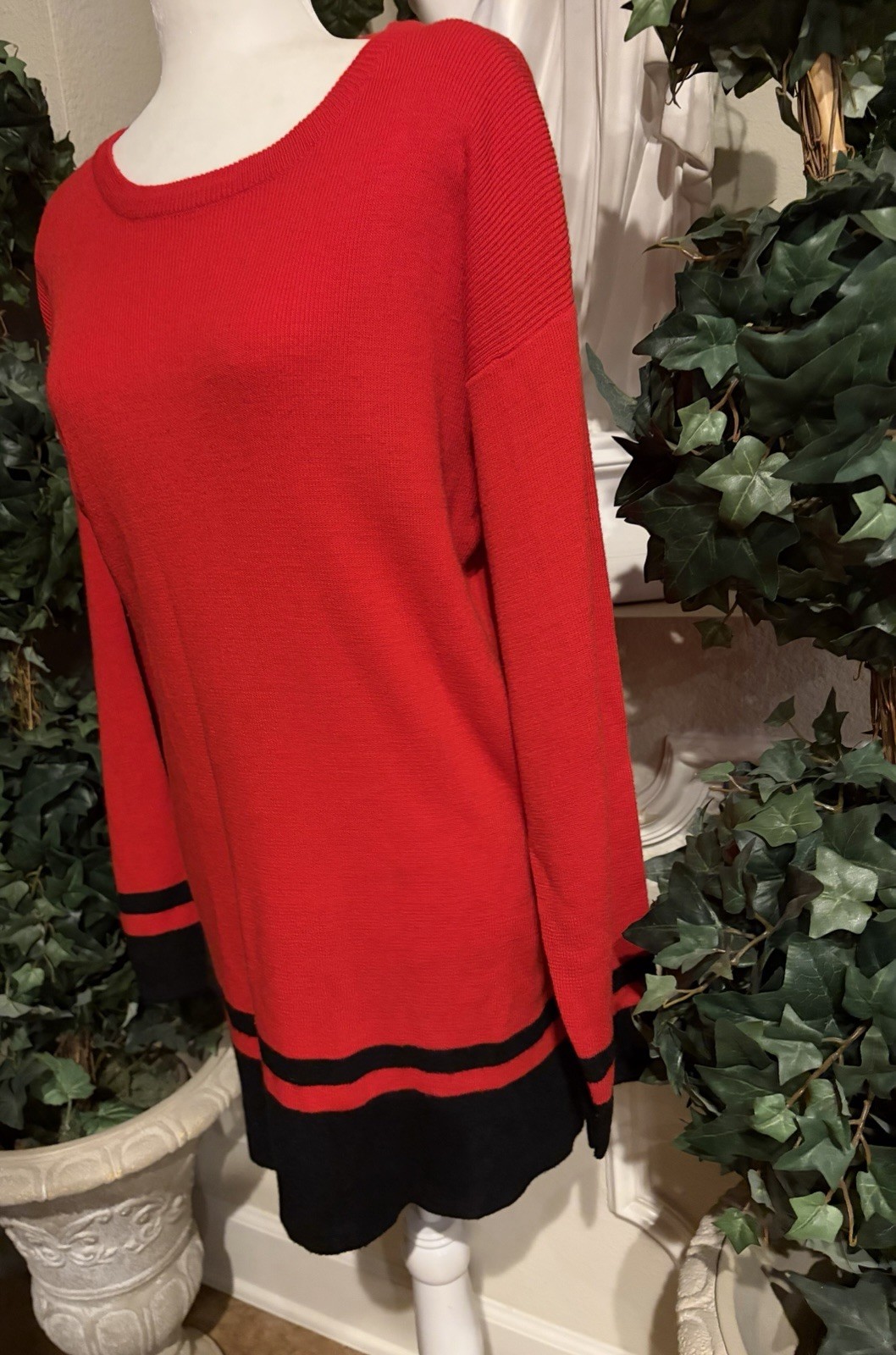 Vintage 80s Andrea Gayle Red Sweater Dress Black Stripe Shoulder Pads Size Med