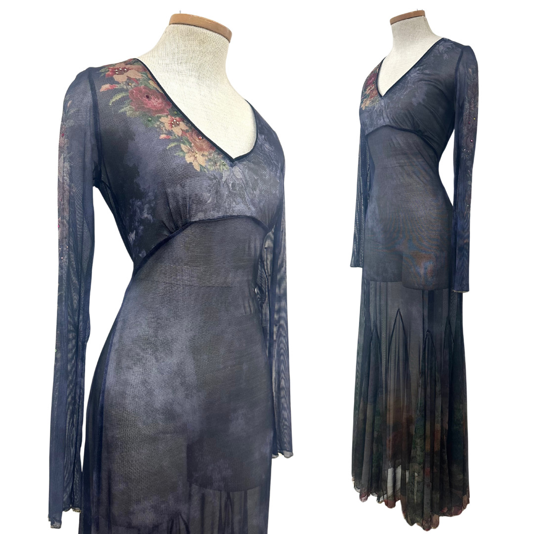 Vintage Y2K Michal Negrin Embellished Crystal Mesh Floral Navy Blue Maxi Dress
