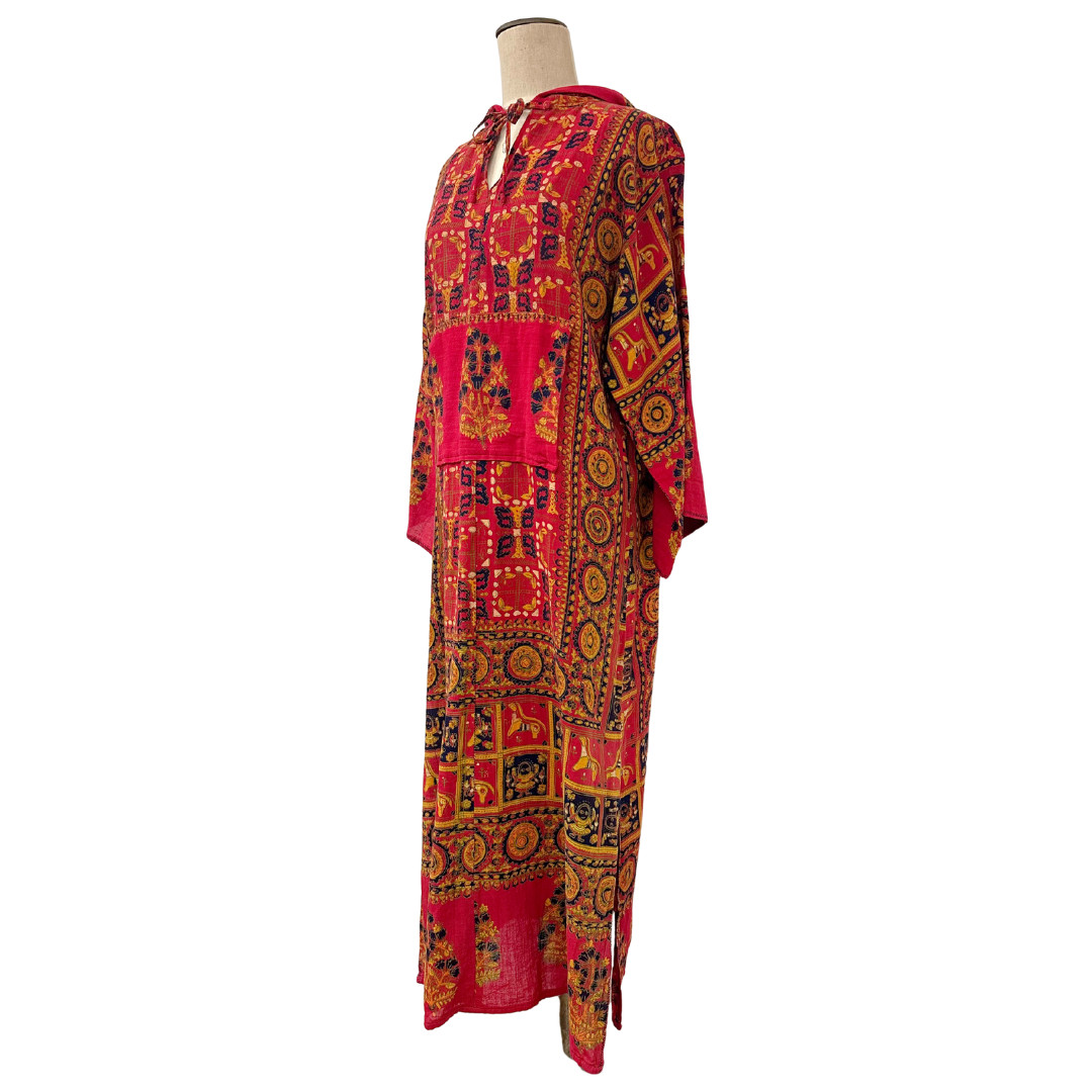 Vintage 1970s Hooded Block Print Wide Sleeve Red Bohemian Tunic Dress
