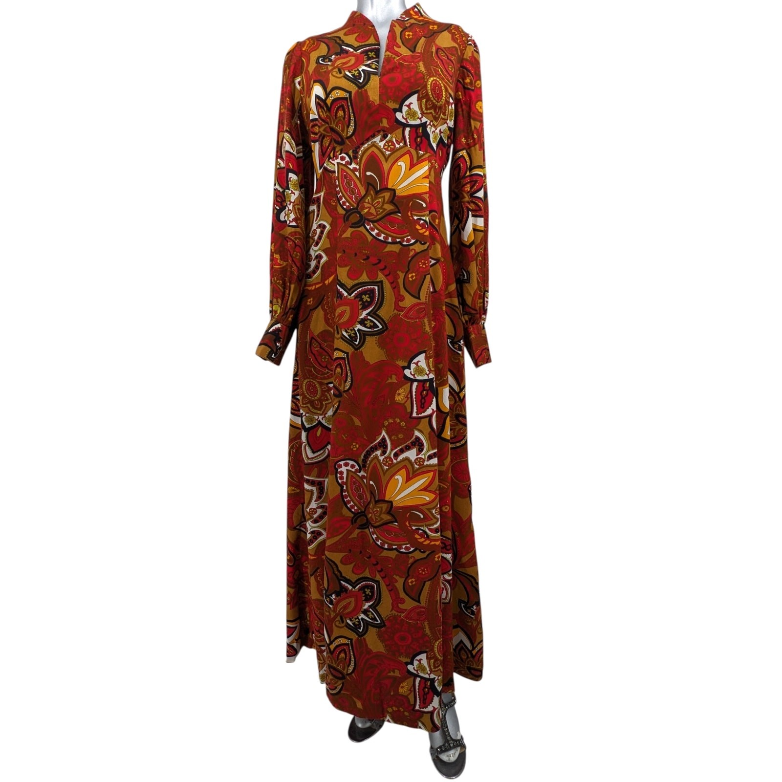 Vintage 1970s Handmade Psychedelic HAWAIIAN MAXI DRESS Empire Waist Long Sleeves